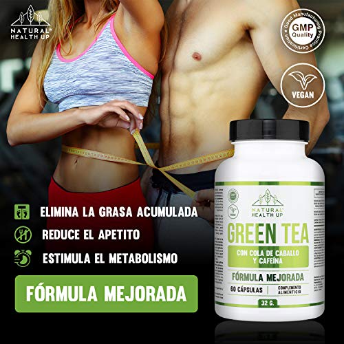 Té verde con cola de caballo y cafeína para eliminar la grasa acumulada - Adelgazante que contribuye a acelerar el metabolismo - 60 cápsulas – 100% vegano – Fórmula mejorada