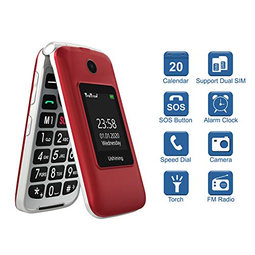 Telefono Movil para Mayores Teclas Grandes con Tapa Pantalla de 2,8 + 1,8 Pulgadas Tecla de Emergencia Botón SOS Cámara Fácil de Usar para Ancianos, Ukuu gsm Telefono Movil Rojo