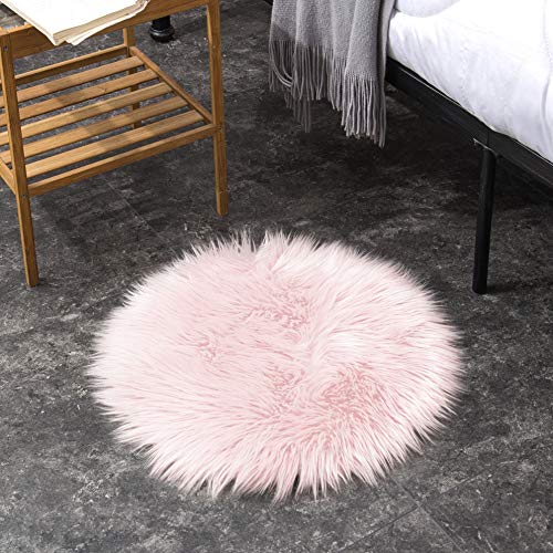 Teppich Wölkchen Alfombra Sintética Imitación de Piel de Cordero o Oveja | Felpudo para Dormitorio, Guardería | Alfombrilla de Decoración para Silla, Taburete o Sillón | Rosa - 45 cm Redondo