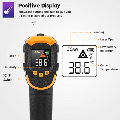 Termómetro Infrarrojo (Termómetro no humano) Pistola de Temperatura Láser Digital Sin Contacto -58~1112 ℉ (-50 ℃~600 ℃) Emisividad Ajustable Cocinar/BBQ/Congelador - Termómetro Carne Incluido