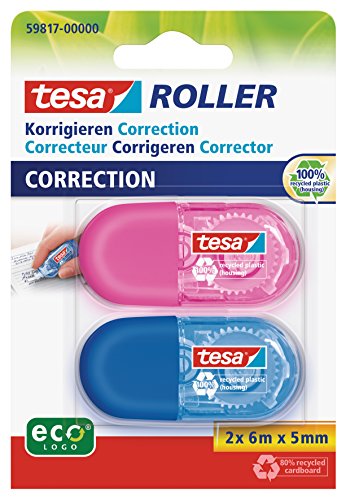 tesa Mini Roller Corrector ecoLogo , Paquete de 2 Cintas Correctoras Ergonómicas Pequeñas Azul y Rosa , Dimensiones de la Cinta 6 m x 5 mm