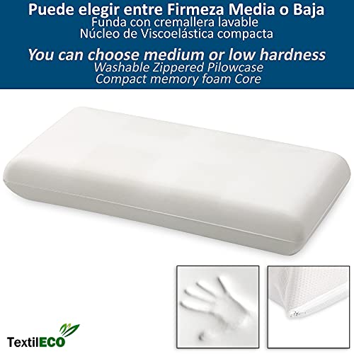 TextilECO Almohada Viscoelastica con Funda Lavable y Cremallera. Compacta Comoda Transpirable Impermeable. Ventilacion Lateral Tejido 3D. Firmeza Media. Viscoair. 150 cm