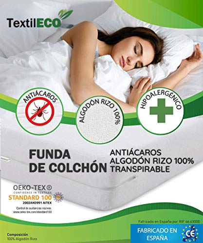 TextilECO Cubre Colchon 150x190. Protector Colchon 150 Rizo 100% Algodon. Funda Colchon 150x190 con Cremallera.Antiacaros Suave Lavable. Bielastic. Cama 150 x 190/200 cm