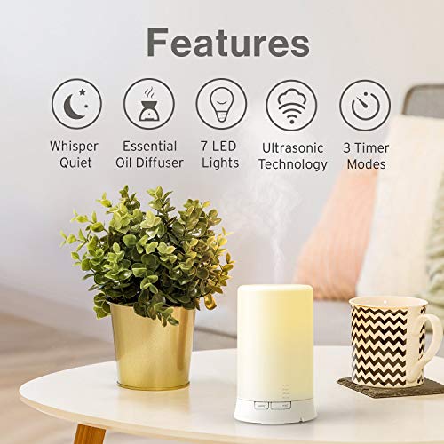 The Body Source Difusor de Aromas Ultrasónico 100ml con Luz LED de 7 Colores, Ajuste de Brillo, Auto-Apagado y Temporizador. Humidificador de Aceites Esenciales Eléctrico para Casa y Oficina