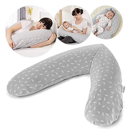 Theraline Cojín de lactancia y Almohada de Embarazo - 190 cm / Funda 100% algodón - Relleno: microperlas, sin sustancias nocivas, lavable a máquina - diseño hojas gris y blanco