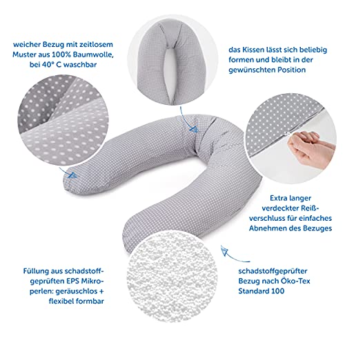 Theraline Cojín de lactancia y maternidad Dodo Pillow Premiun - 180 cm / Funda 100% algodón - Relleno: microperlas, sin sustancias nocivas, lavable a máquina - puntos grises