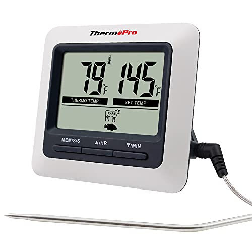 ThermoPro TP04 Termómetro Digital de Cocina para Alimentos Carne Barbacoa Horno Parrilla Comida con Modo Temporizador y Grande Pantalla LCD