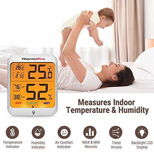 ThermoPro TP53 Termómetro Higrómetro Digital Medidor de Humedad y Temperatura de Interior Termohigrómetro Profesional para Habitación Ambiente con Retroiluminación Táctil