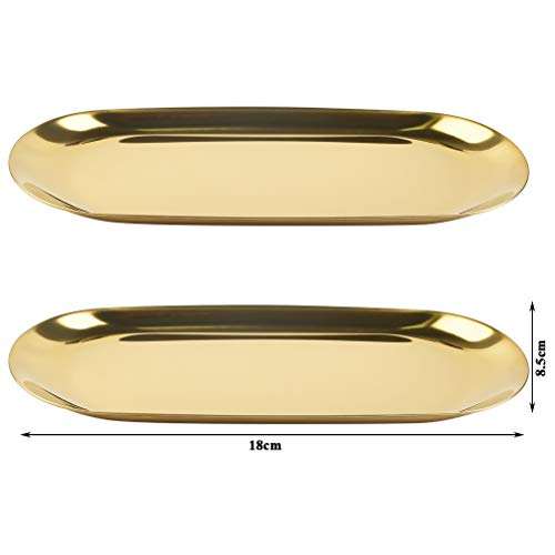 THETHO 2 PCS Bandeja Dorada Ovalada de 18cm, Bandeja De Joyas de Acero Inoxidable, Bandeja Dorada Decorative para Anillo, Cosméticos, Joyas, para Escritorios de Oficina en Casa