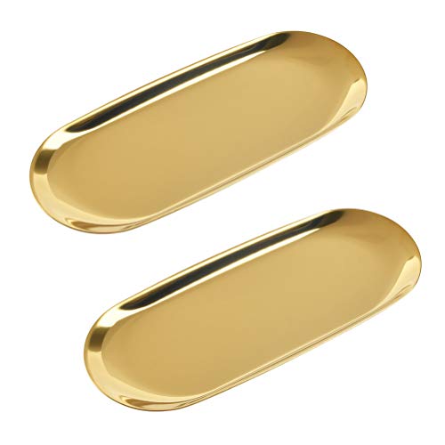 THETHO 2 PCS Bandeja Dorada Ovalada de 18cm, Bandeja De Joyas de Acero Inoxidable, Bandeja Dorada Decorative para Anillo, Cosméticos, Joyas, para Escritorios de Oficina en Casa