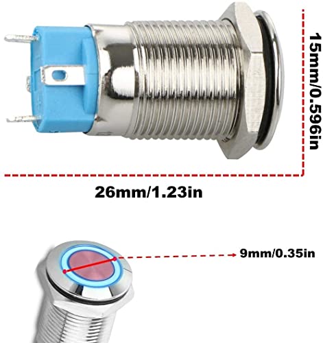 Thlevel 6Piezas 12mm Interruptor de Botón Autoblocante con LED Acero Inoxidable Impermeable Interruptor de Botón de Encendido/Apagado 2A 12V/24V/125V/250V