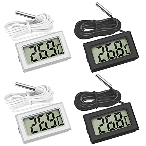 Thlevel Mini Termómetro Digital LCD con Sonda Externa Impermeable para Refrigerador, Congelador, Acuario (2×Blanco 2×Negro)