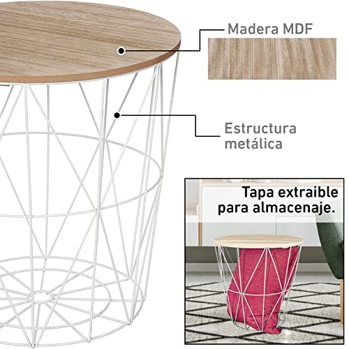 TIENDA EURASIA® Mesa Auxiliar Nordica - Mesas Auxiliares de Centro - Estructura Metalica y Tapa de Madera Extraible - Ideal para Combinar en Salones y Dormitorios (Blanco, D 41 x H 40 cm)