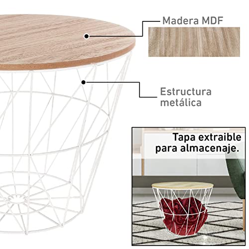 TIENDA EURASIA® Mesa Auxiliar Nordica - Mesas Auxiliares de Centro - Estructura Metalica y Tapa de Madera Extraible - Ideal para Combinar en Salones y Dormitorios (Blanco, D 38 x H 30,5 cm)