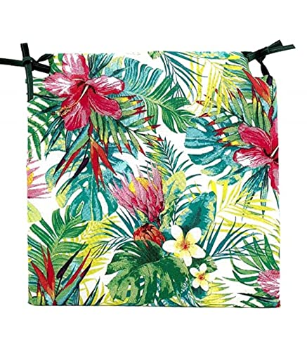 TIENDA EURASIA® Pack de 4 Cojines para Sillas - Estampado Flores Tropical - 2 Cintas de Sujeción - Ideal para Interiores y Exteriores - 40 x 40 x 3 cm (Color)