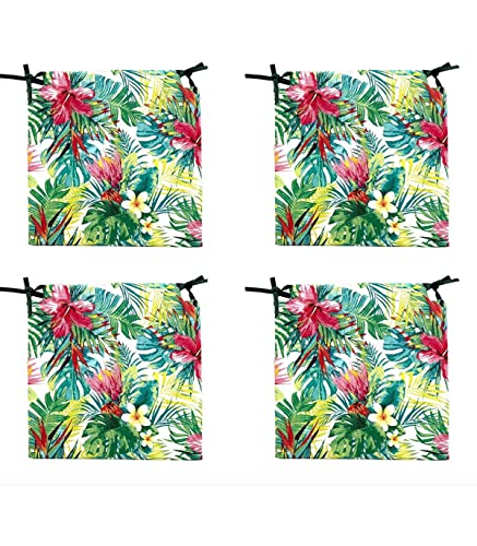 TIENDA EURASIA® Pack de 4 Cojines para Sillas - Estampado Flores Tropical - 2 Cintas de Sujeción - Ideal para Interiores y Exteriores - 40 x 40 x 3 cm (Color)