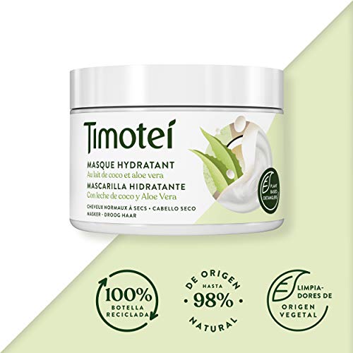 Timotei mascarilla hidratante para cabello seco con leche de coco y aloe vera; con desenredantes de origen vegetal, 98% ingredientes de origen natural y sin siliconas, 300ml