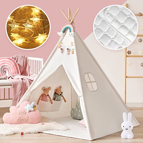 Tiny Land Tipi Infantil Tipi Tienda Tipi Indio para Niños con colchoneta Acolchada & Luces & Estuche de Transporte- Tienda Campaña Portátil Tienda Casa de Juegos para Interiores para Niños Niñas