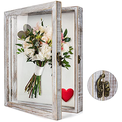 TJ.MOREE Caja de sombra de flores de 28x35cm, marco grande con ventana de cristal, marco de fotos de profundidad profunda, ramo de boda, medallas, fotos, caja de memoria para recuerdos, color blanco