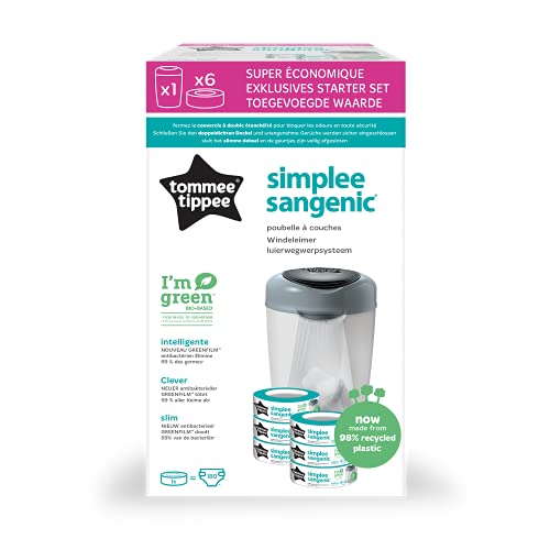 Tommee Tippee - Papelera de pañales Sangenic, incluye 6 casetes de repuesto, color blanco y gris