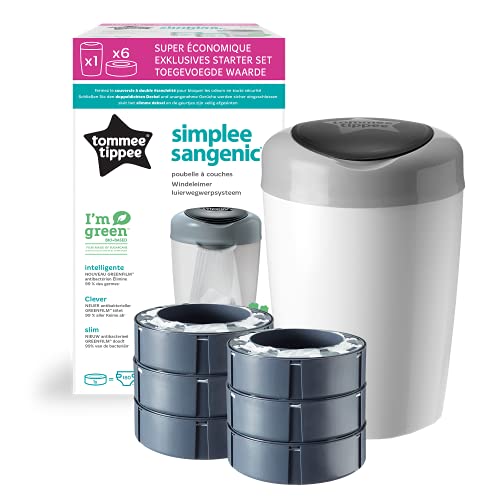 Tommee Tippee - Papelera de pañales Sangenic, incluye 6 casetes de repuesto, color blanco y gris