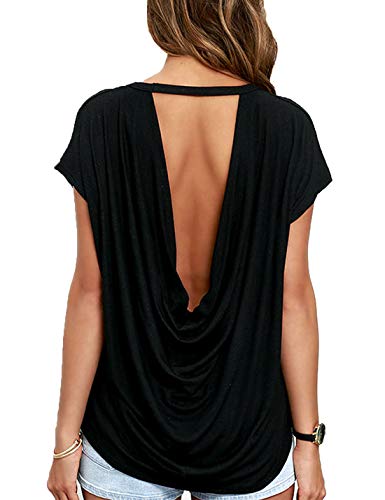 Top Blusa De Verano Manga Corta Espalda Descubierta Camiseta Túnica para Mujer Negro M