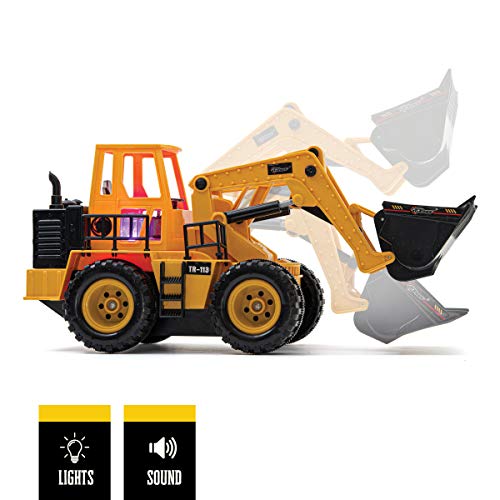 Top Race Remote Control RC Construction Bulldozer Toy Tractor Truck Front Loader Excavator Vehicle 5 Channel Full Functional Radio Controlled Toys Digger for Kids Boys Ages 3+ Lights & Sounds Tr-113