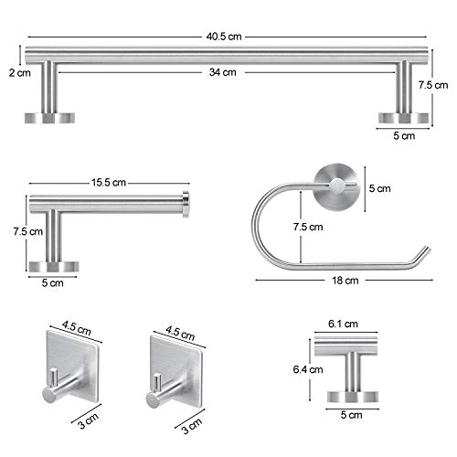 Towel Holders Bathroom Hardware Set - 6 PCS Stainless Steel Bathroom Towel Rails Set Wall Mounted, 40CM Bath Towel Bar +2 Toilet Paper Holders + 3 Towel Robe Hook, Heavy Duty Bathroom Accessories Kit