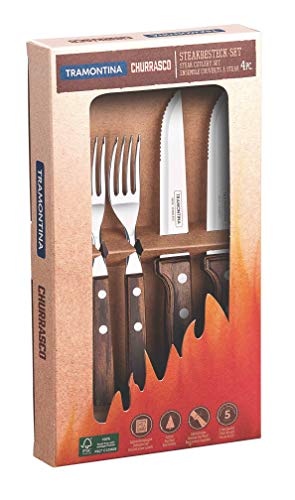 Tramontina 29899-312 Gaucho - Juego de 4 cubiertos para carne (2 cuchillos de carne y 2 tenedores de carne, acero inoxidable, mango de madera, FSC, AISI 420)