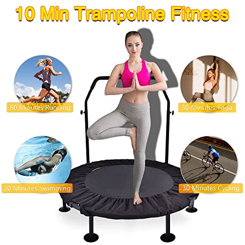 Trampolín Fitness para Adultos, Trampolin Cama Elastica Plegable con Asa Ajustable y Almohadilla de Salto Extensible, Apto para Interior / Exterior, Capacidad de Carga 100 kg, Amarillo