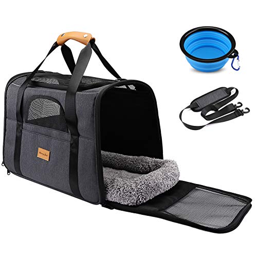 Transportín Perro Gato, Bolsa de Transporte Transpirable para Mascotas, Portador de Viaje con Correa de Hombro Ajustable, Transporte de Gato con Colchón Suave + Tazón Plegable (18 * 12.5 * 14 Inch)