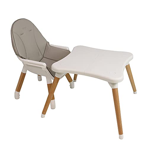 Trona EVA 2 en 1 a partir de 6 meses con patas de madera - se puede transformar en silla infantil + pupitre de 3 a 5 años. (Gris)