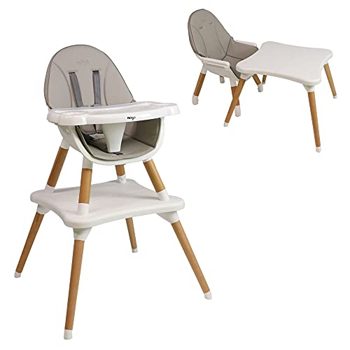 Trona EVA 2 en 1 a partir de 6 meses con patas de madera - se puede transformar en silla infantil + pupitre de 3 a 5 años. (Gris)