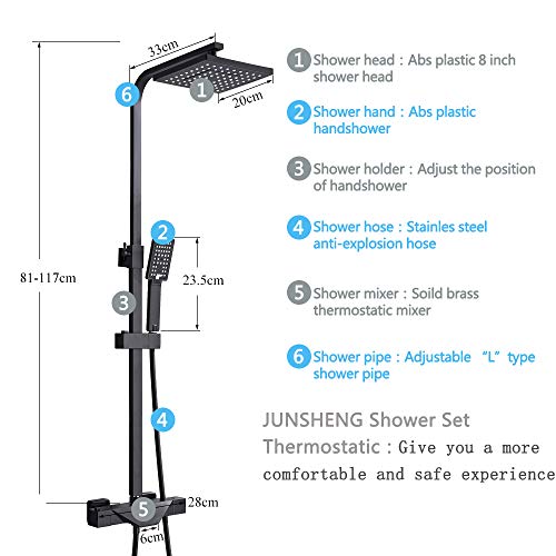 TVTIUO Columna termostática de ducha Negra,Multifuncional Conjunto de ducha altura ajustable, 8“ Alcachofa Ducha Lluvia y Cuadrado Ducha de Mano 2 Modos