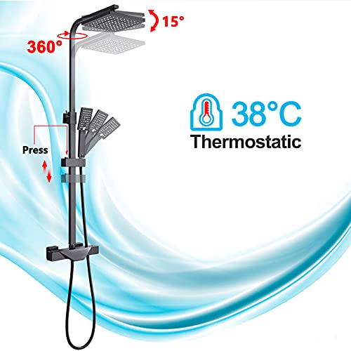 TVTIUO Columna termostática de ducha Negra,Multifuncional Conjunto de ducha altura ajustable, 8“ Alcachofa Ducha Lluvia y Cuadrado Ducha de Mano 2 Modos