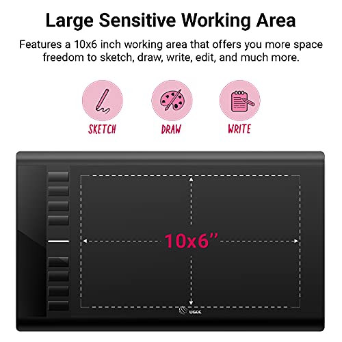 UGEE M708 V3 Tableta Gráfica de Dibujo, 10 x 6 Pulgadas Tableta Dibujo Digital con 8 Teclas de Acceso Rápido, Lápiz de 8192 Niveles, Compatible con Chromebook, Linux, Windows 7/8/10, Mac OS 10.10