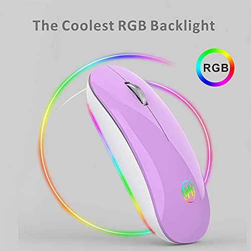 Uiosmuph U15 RGB Ratón inalámbrico, 2.4 GHz LED Ratón Silencioso Recargable con Adaptador de Receptor Nano USB Tipo c para Ordenador portátil Tablet PC Mac (Púrpura)