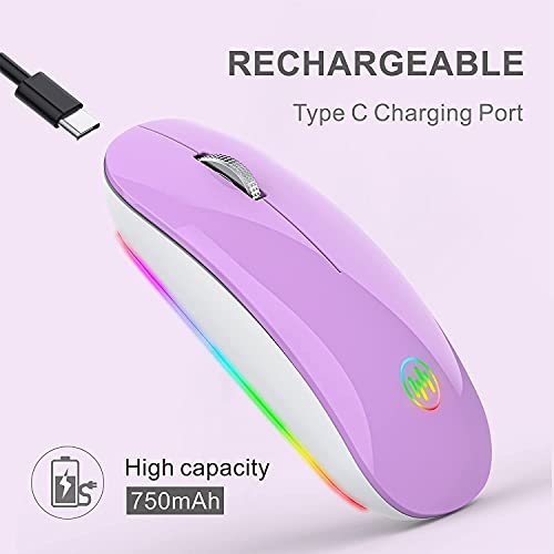 Uiosmuph U15 RGB Ratón inalámbrico, 2.4 GHz LED Ratón Silencioso Recargable con Adaptador de Receptor Nano USB Tipo c para Ordenador portátil Tablet PC Mac (Púrpura)