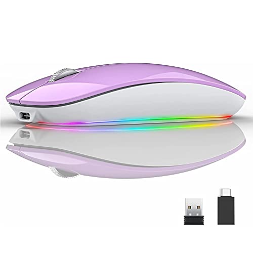 Uiosmuph U15 RGB Ratón inalámbrico, 2.4 GHz LED Ratón Silencioso Recargable con Adaptador de Receptor Nano USB Tipo c para Ordenador portátil Tablet PC Mac (Púrpura)