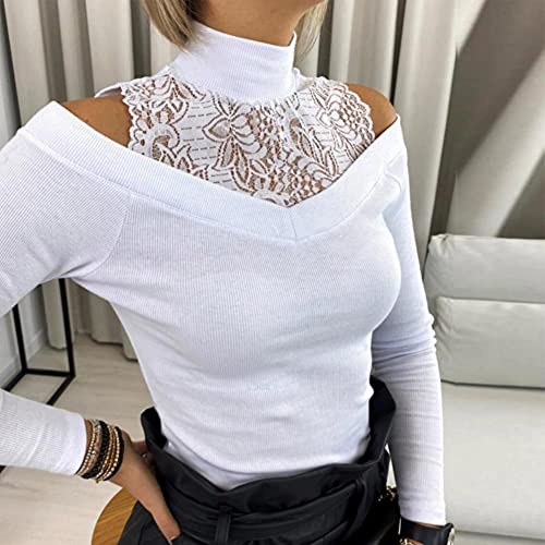 UKKO Camiseta Mujer Blusa De Cuello Alto Tops del Hombro De Encaje Hueco Huele hacia Fuera Camisas De Las Mujeres Patchwork De Primavera Manga Larga Sólido Top Blusa-Black,XXL