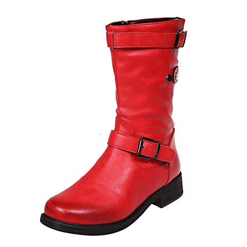 UMore Botines de Caña Media para Mujer Moda Botas Altas Invierno Mujer, Zapatos Mujer Cuña Planos Sintética Peluche Jinete Bajo Cómodos Peludas Calentitas