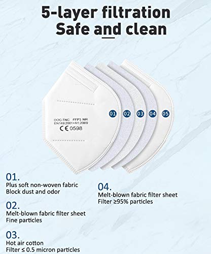 Uniguardian 10x FFP3 Mascarillas protectora para la boca y la nariz,empaquetada individualmente, certificación EN149:2001+A1:2009,sin válvula, protectora contra polvo y partículas,filtro BFE ≥ 99%