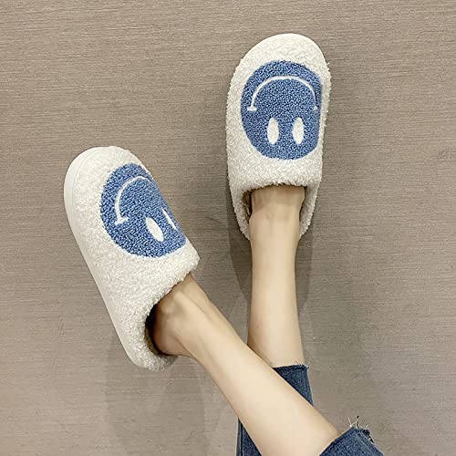 Unisex Adulto Zapatilla de Casa en Mujer Invierno Warm Pantuflas Chico Muchacha Zapatos Niño Smiley Face Slippers para Hombres Memory Foam Antideslizante G(Size:35/36,Color:Smiley blanco con azul)