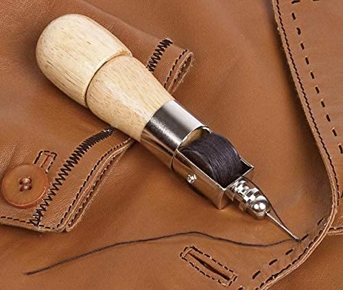 UPP máquina de Coser portatil Manual I Punzón para Coser Cuero, Kit Costura Profesional, Set reparador de Ropa I Herramienta Punch Needle, Aguja de Costura a Mano (Madera y Hierro, 16cm, Ø 3.5cm)