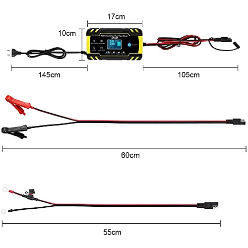 URAQT Cargador de Baterias de Coches, 8A 12V/24V Mantenimiento Automático e Inteligente con Múltiples Protecciones, LCD y Botón de la Pantalla Táctil para Auto, Moto, ATVs, RVs, Barco (Actualización)