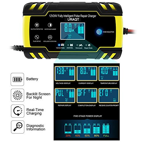 URAQT Cargador de Baterias de Coches, 8A 12V/24V Mantenimiento Automático e Inteligente con Múltiples Protecciones, LCD y Botón de la Pantalla Táctil para Auto, Moto, ATVs, RVs, Barco (Actualización)