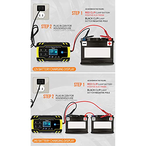 URAQT Cargador de Baterias de Coches, 8A 12V/24V Mantenimiento Automático e Inteligente con Múltiples Protecciones, LCD y Botón de la Pantalla Táctil para Auto, Moto, ATVs, RVs, Barco (Actualización)