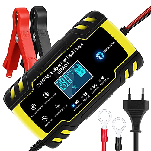 URAQT Cargador de Baterias de Coches, 8A 12V/24V Mantenimiento Automático e Inteligente con Múltiples Protecciones, LCD y Botón de la Pantalla Táctil para Auto, Moto, ATVs, RVs, Barco (Actualización)