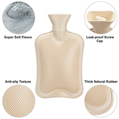 URBZUE Bolsa de Agua Caliente 2l, Botella de Agua Caliente con Cubierta Esponjosa Gris, Gran Capacidad, Portátil, Reutilizable, Regalo para Cumpleaños, Navidad, día de San Valentín