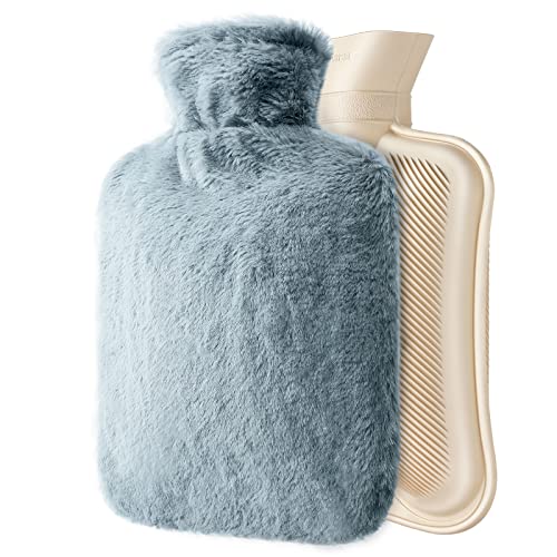 URBZUE Bolsa de Agua Caliente 2l, Botella de Agua Caliente con Cubierta Esponjosa Gris, Gran Capacidad, Portátil, Reutilizable, Regalo para Cumpleaños, Navidad, día de San Valentín